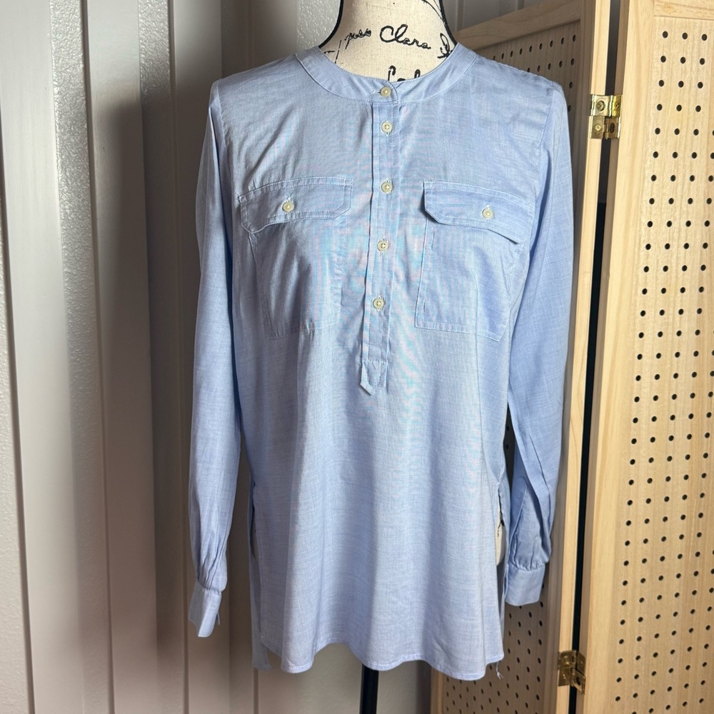LOFT Light Blue Tunic Blouse XS Chambray Button Front Work Casual Minimalist - Picture 2 of 10